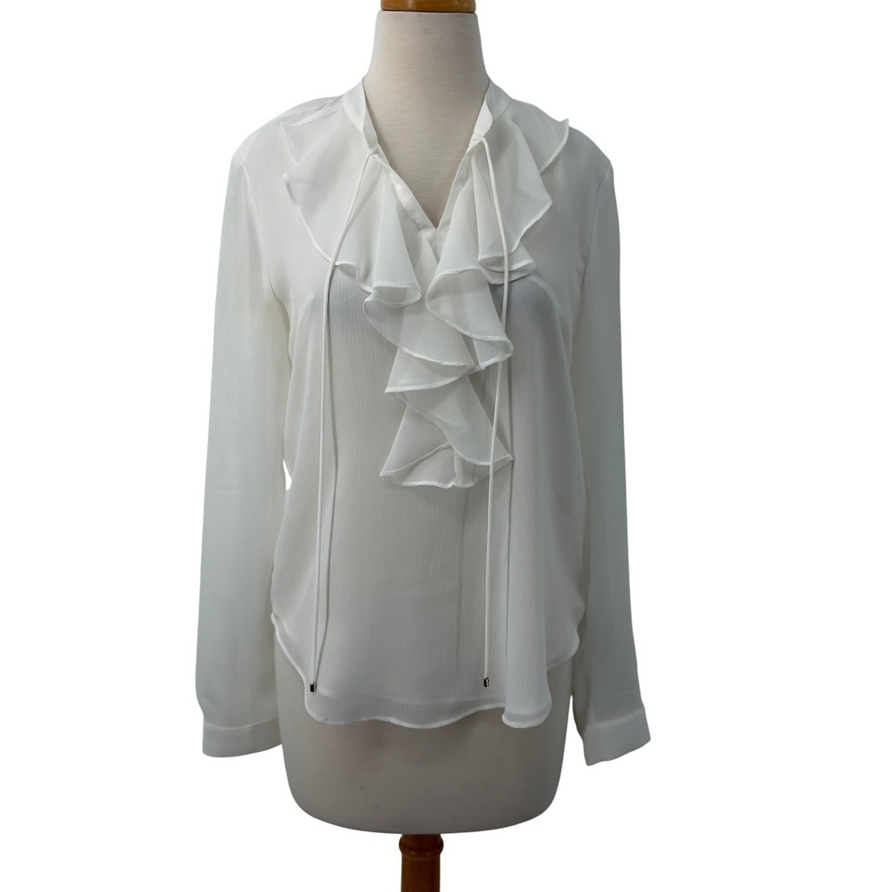 Tommy Hilfiger Womens Ivory Ruffle‎ V-Neck Chiffon Blouse Tie Neck Long Sleeve S